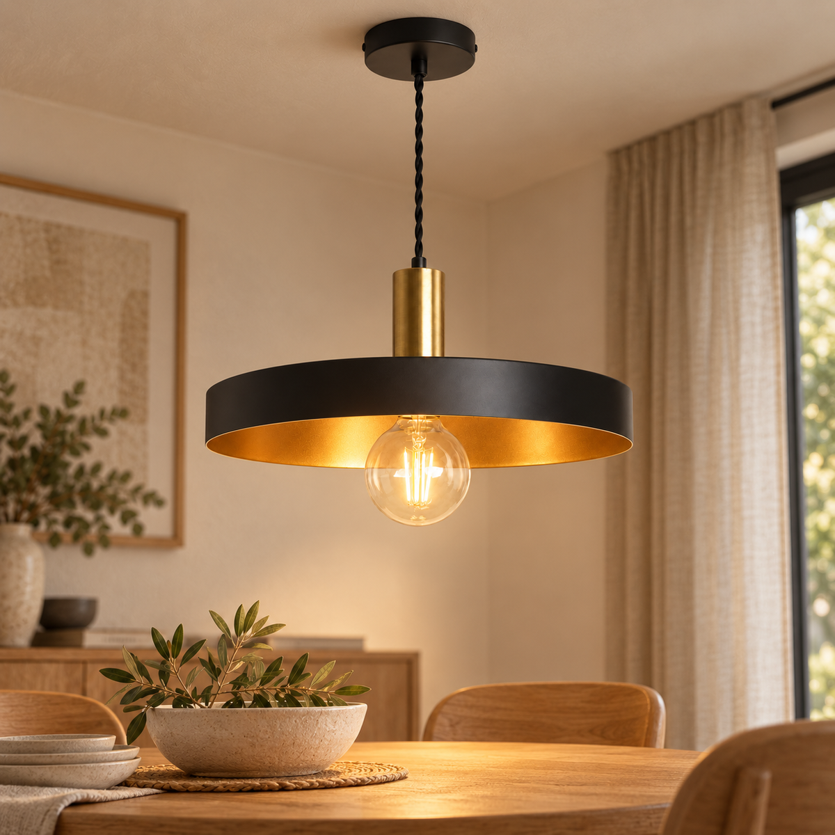Lámpara colgante metálica negra e interior dorado Ø40 cm E27, vista en ambiente instalado