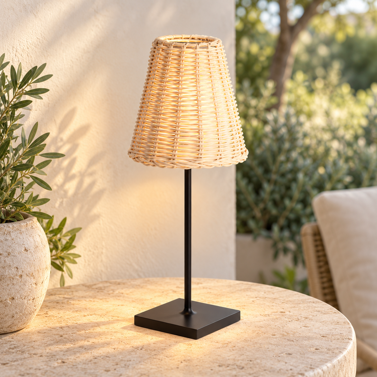 Lámpara portátil negra con pantalla de ratán encendida sobre una mesa de terraza