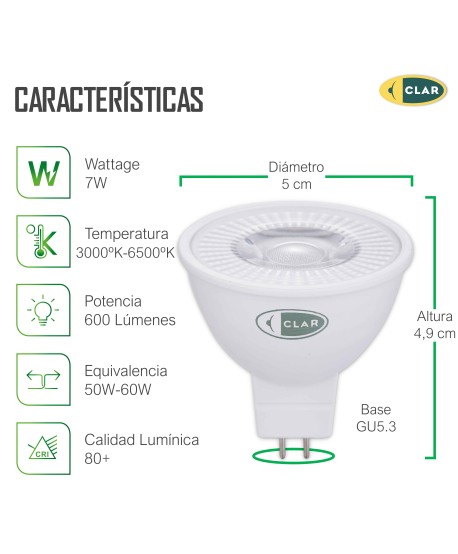 Bombillas LED GU5.3/MR16, Dicroica 7W