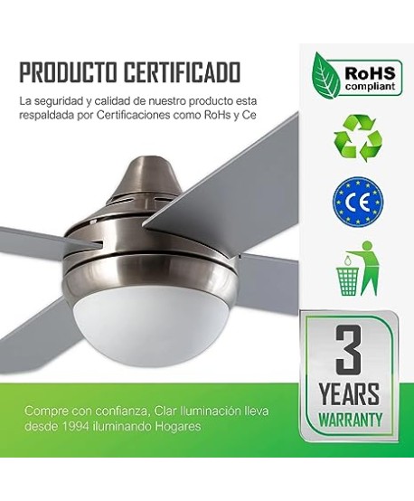 CLAR - Ventilador de Techo con Luz (Ní­quel, 110 cm)
