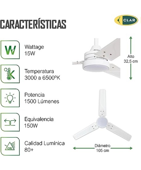 CLAR - Ventilador de Techo Silencioso (Blanco, 105 cm)