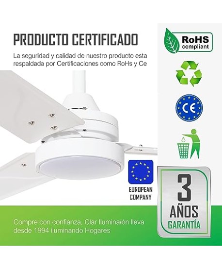 CLAR - Ventilador de Techo Silencioso (Blanco, 105 cm)