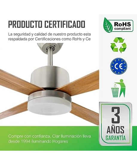 CLAR - Ventilador de Techo con Luz (Madera, 124 cm)