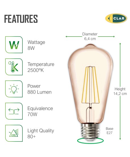Bombilla LED E27 Filamento 8W ST64