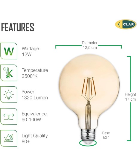Bombilla LED Filamento E27 Ambar 12W G125