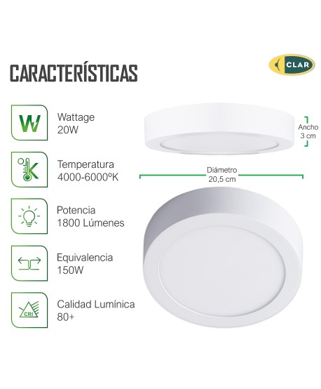 Downlight LED Superficie Redondo 20W