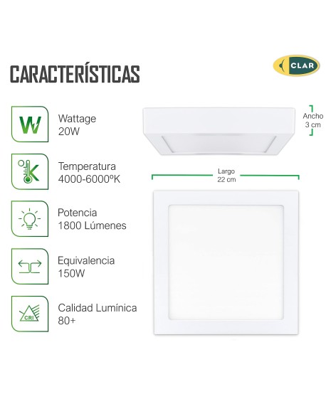 Downlight LED Superficie Cuadrado 20W