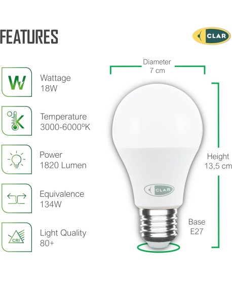 Bombillas LED E27 18W Mate A70