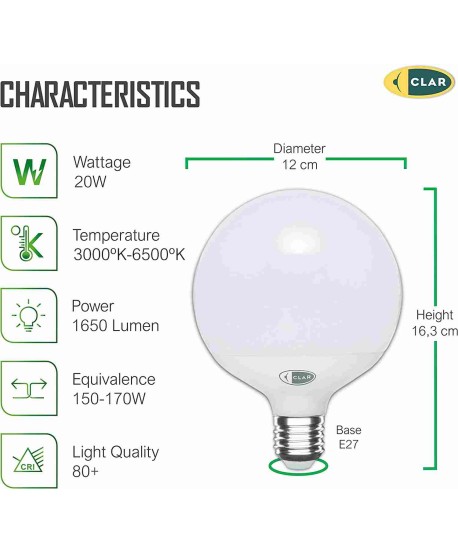 Globo LED E27 20W G120, Bombilla Grande