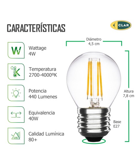Bombillas LED E27 Filamento, 4W G45 E27
