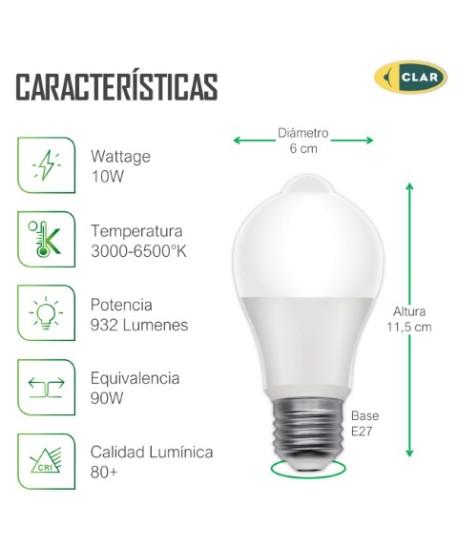 Bombilla con Sensor de Movimiento PIR & Crepuscular 10W