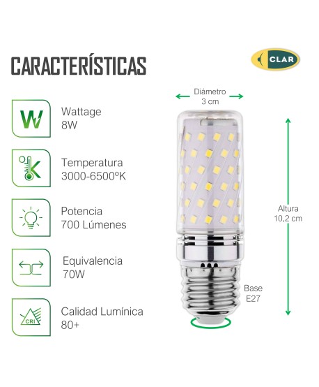 CLAR - Bombilla LED Alargada 9W, Bombilla LED Maiz