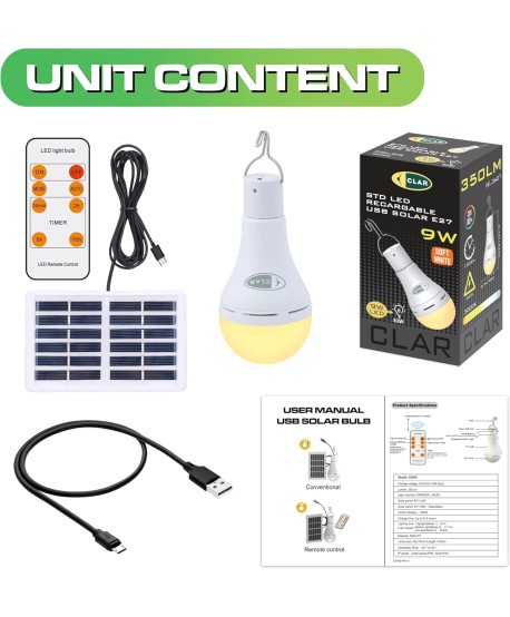 Bombilla Recargable por USB y con Panel Solar 9W