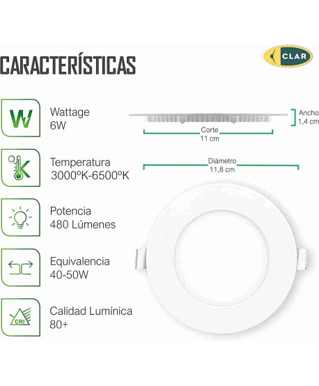 Downlight LED Empotrable 6W Redondo 480lm