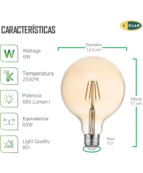 Bombilla LED Filamento E27 Ambar 6W G125