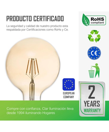 Bombilla LED Filamento E27 Ambar 6W G125