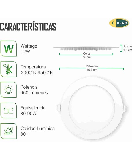 Downlight LED Empotrable 12W Redondo 960lm