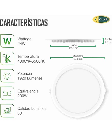 Downlight LED Empotrable 24W Redondo 1920lm