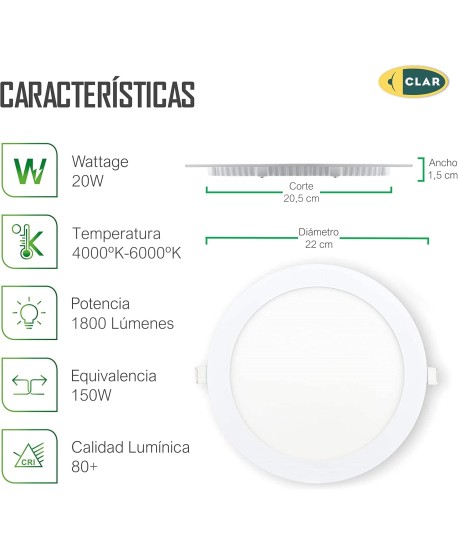 CLAR - Focos LED empotrables para cartón yeso, 20W