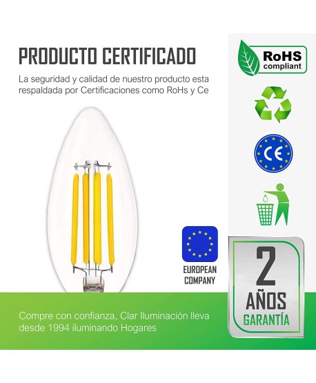 Bombillas LED E14 Filamento Vela 4W C37