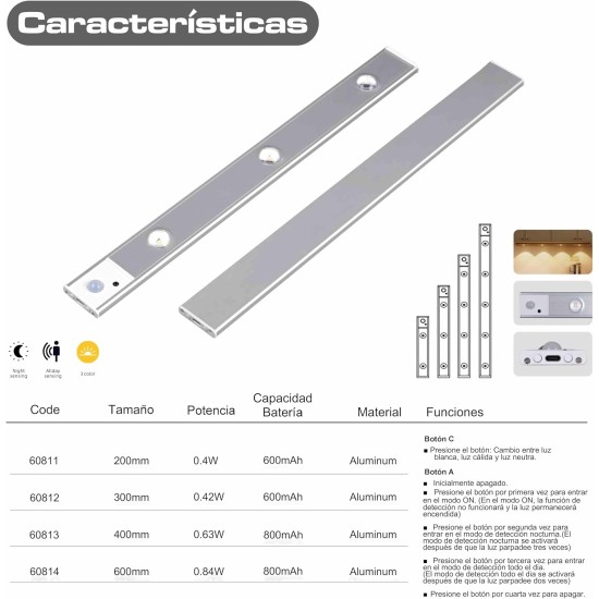 Luces Para Armarios Interiores, Luz LED Magnética Con Sensor De Movimiento,60 Cm