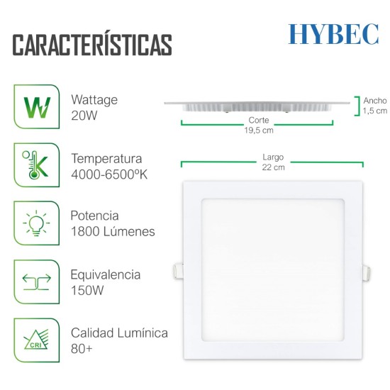 Downlight LED Empotrable 20W Cuadrado 1600lm