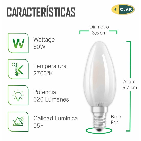 Bombilla Estilo Vela Clara E14 60W