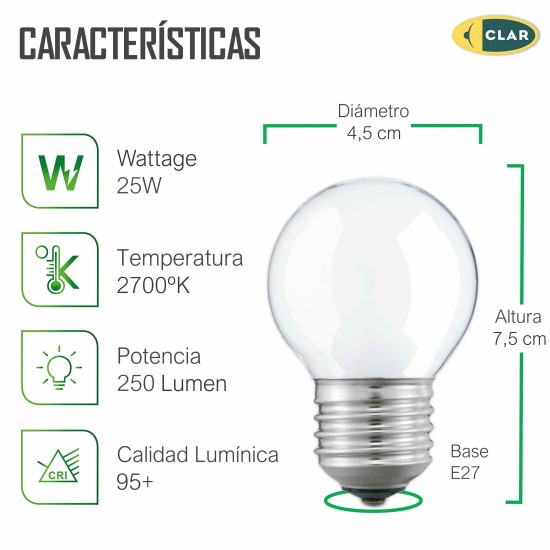 Bombilla Esférica E27 Clara Mate 25W