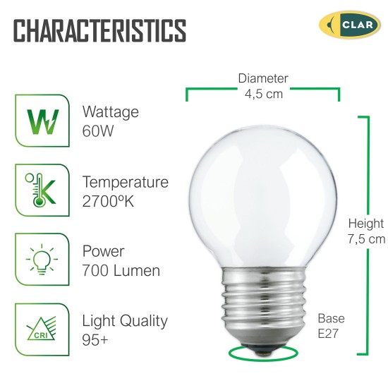 Bombilla Esférica E27 Clara Mate 60W
