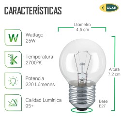 Bombilla Esférica E27 Clara Incandescente 25W