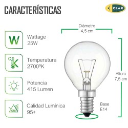 Bombilla Esférica Clara Incandescente E14 25W