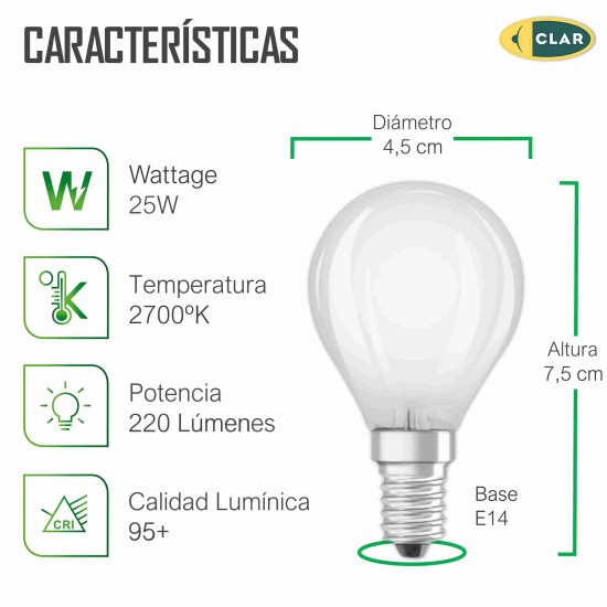 Bombilla Esférica E14 Clara Mate.