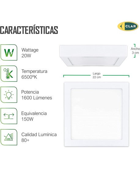 Downlight LED Superficie Cuadrado 20W 1600lm.
