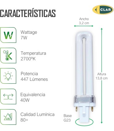 Bombilla Fluorescente Gemini S 7W 2700K G23 Luz Blanca Calida