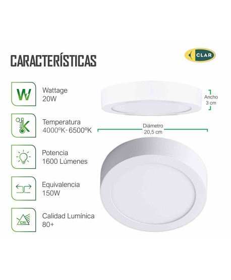 Plafón LED Redondo 20W 1600lm, Downlight LED Superficie