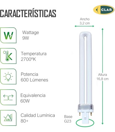 Bombilla Fluorescente Gemini S 9W 2700K G23 Luz Blanca Calida