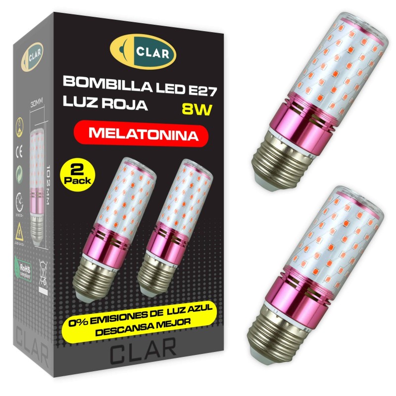 CLAR - Luz Roja Nocturna Melatonina, Luz Roja Bebe, Bombilla Para Dormir, 8W E27 (Pack 2)