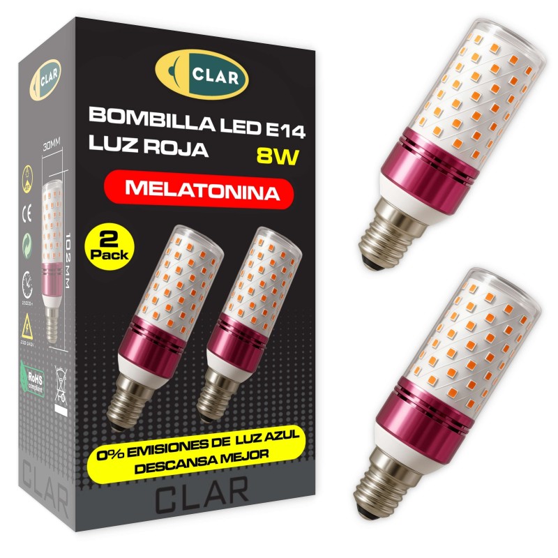 CLAR - Luz Roja Nocturna Melatonina, Luz Roja Bebe, Bombilla Para Dormir, 8W E14 (Pack 2)