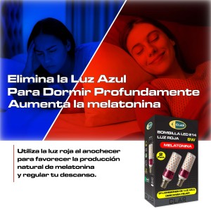 CLAR - Luz Roja Nocturna Melatonina, Luz Roja Bebe, Bombilla Para Dormir, 8W E14 (Pack 2)