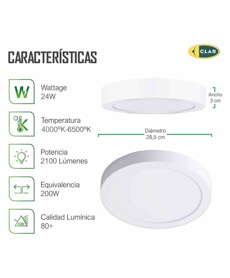 Plafón LED 24W, Downlight LED Superficie