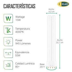 CLAR - Bombilla Fluorescente Gemini L 18W 4000K 2G11 Luz Blanca Neutra
