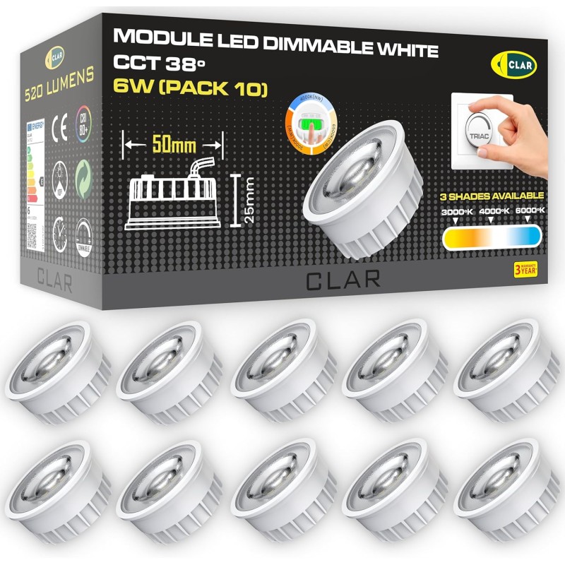 CLAR - Focos LED Interior Techo, Módulo LED Ultra Plano Regulable 6W, Seleccionador de tonalidad, Ajustable 38º