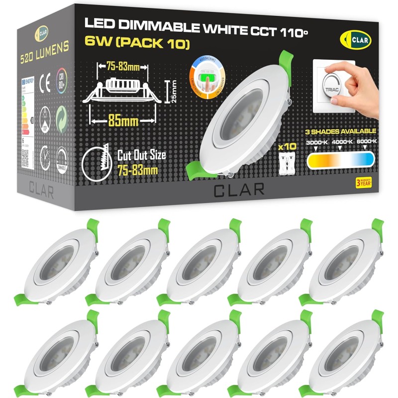 Focos LED Interior Techo, Regulable 6W, CCT Ajustable 110º, Blanco