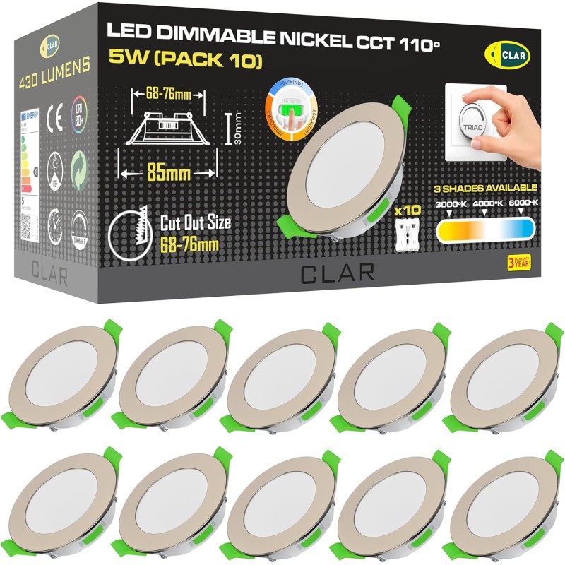 Downlight LED techo empotrable, Regulable 5W, 3 tonalidades, Niquel