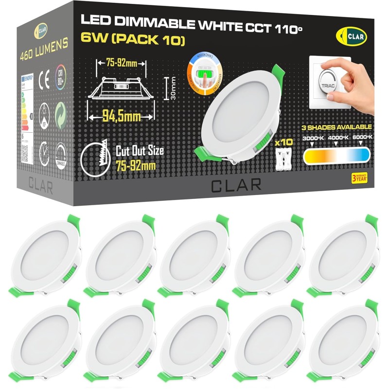 Downlight LED techo empotrable, Regulable 6W, 3 tonalidades, Blanco