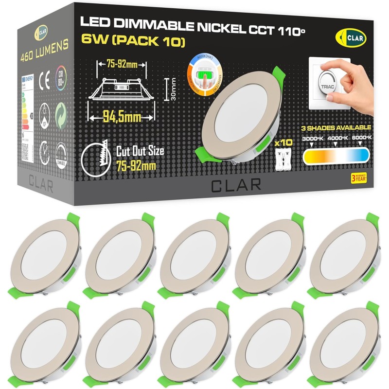 Downlight LED techo empotrable Downlight Regulable 6W, 3 tonalidades, Niquel