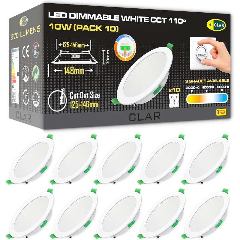 CLAR - Downlight LED techo empotrable, Regulable 10W, 3 tonalidades, Blanco
