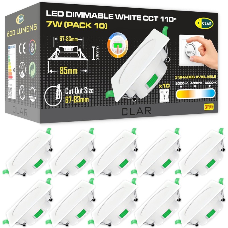 Downlight LED techo empotrable Regulable Cuadrado 7W, 3 tonalidades, Blanco