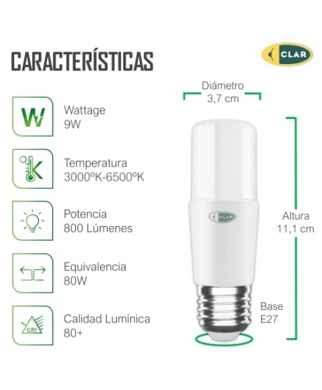 Bombilla LED Tubular 9W E27, Bombilla E27