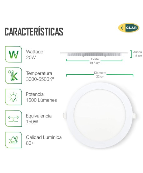 Downlight LED Empotrable 20W Redondo.